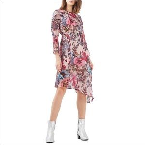 Topshop Pop Ruffle Floral Midi Dress Pink Sheer